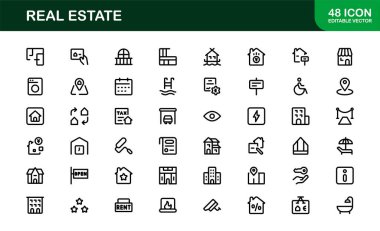 Emlak ve Emlak Premium Simgeleri. Profesyonel, Modern Konut, Ticari ve Mimarlık Sembolleri Gayrimenkul Pazarlama ve Markalaşma hattı stili