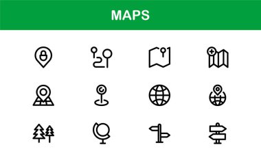 Modern Harita Simgesi Koleksiyonu. Navigasyon ve Konum Hizmetleri için Minimum Vektör Tasarımı