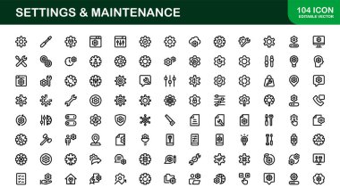 Temel Ayarlar Simgeleri. Araçlar ve Bakım Arayüzleri için Parlak Vektör Tasarımları