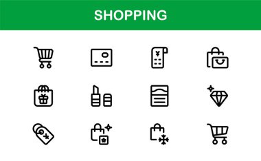 Moda Alışveriş Sembolleri Koleksiyonu. Web siteleri, uygulamalar ve dijital mağazalar için stil perakendecisi, E-ticaret ve pazar temalı vektör illüstrasyonları