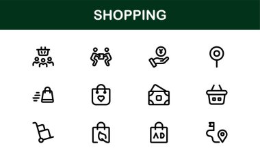 Moda Alışveriş Sembolleri Koleksiyonu. Web siteleri, uygulamalar ve dijital mağazalar için stil perakendecisi, E-ticaret ve pazar temalı vektör illüstrasyonları