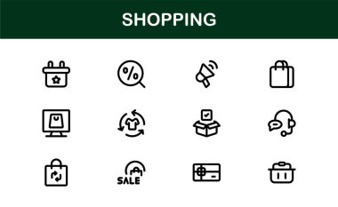 Moda Alışveriş Sembolleri Koleksiyonu. Web siteleri, uygulamalar ve dijital mağazalar için stil perakendecisi, E-ticaret ve pazar temalı vektör illüstrasyonları