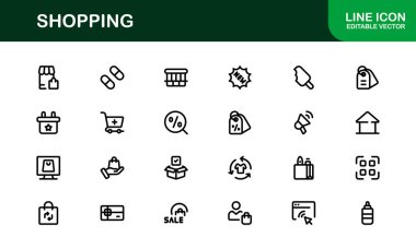 Moda Alışveriş Sembolleri Koleksiyonu. Web siteleri, uygulamalar ve dijital mağazalar için stil perakendecisi, E-ticaret ve pazar temalı vektör illüstrasyonları