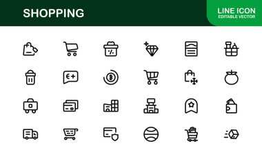 Moda Alışveriş Sembolleri Koleksiyonu. Web siteleri, uygulamalar ve dijital mağazalar için stil perakendecisi, E-ticaret ve pazar temalı vektör illüstrasyonları