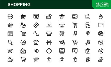 Moda Alışveriş Sembolleri Koleksiyonu. Web siteleri, uygulamalar ve dijital mağazalar için stil perakendecisi, E-ticaret ve pazar temalı vektör illüstrasyonları