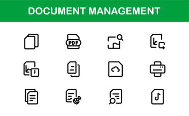 Belge İşlem ve Çalışma Akımı Yönetim Simgeleri. Temel Dosya İşleme, Arşivleme ve Dijital Kayıt Sistemi Simgesi Koleksiyonu