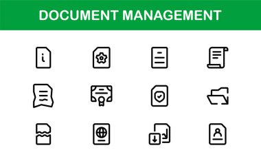 Belge İşlem ve Çalışma Akımı Yönetim Simgeleri. Temel Dosya İşleme, Arşivleme ve Dijital Kayıt Sistemi Simgesi Koleksiyonu
