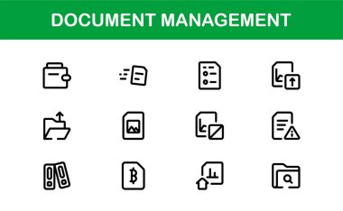 Belge İşlem ve Çalışma Akımı Yönetim Simgeleri. Temel Dosya İşleme, Arşivleme ve Dijital Kayıt Sistemi Simgesi Koleksiyonu