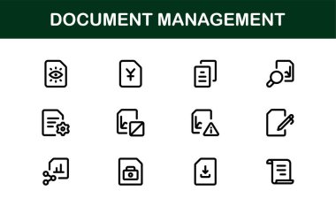 Belge İşlem ve Çalışma Akımı Yönetim Simgeleri. Temel Dosya İşleme, Arşivleme ve Dijital Kayıt Sistemi Simgesi Koleksiyonu