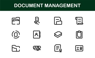 Belge İşlem ve Çalışma Akımı Yönetim Simgeleri. Temel Dosya İşleme, Arşivleme ve Dijital Kayıt Sistemi Simgesi Koleksiyonu