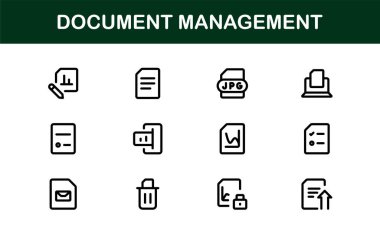 Belge İşlem ve Çalışma Akımı Yönetim Simgeleri. Temel Dosya İşleme, Arşivleme ve Dijital Kayıt Sistemi Simgesi Koleksiyonu