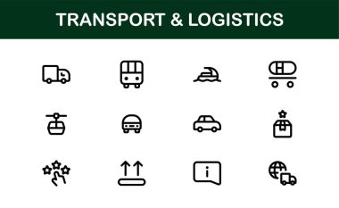 Ulaşım Lojistik Teslimatı ve Kargo Simgesi Koleksiyonu. Modern Nakliye, Nakliye, Tedarik Zinciri ve Dağıtım Vektörü Resimleri