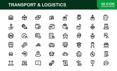 Ulaşım Lojistik Teslimatı ve Kargo Simgesi Koleksiyonu. Modern Nakliye, Nakliye, Tedarik Zinciri ve Dağıtım Vektörü Resimleri