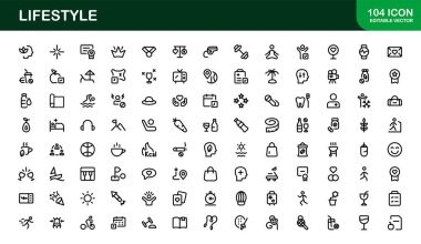 Yaşam Tarzı Simgesi Koleksiyonu. Sağlık, Zindelik, Seyahat ve Kişisel Gelişim Temaları İçin Temiz Satır Sanatı