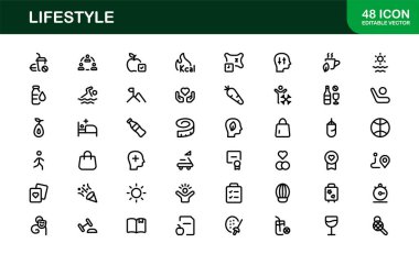 Yaşam Tarzı Simgesi Koleksiyonu. Sağlık, Zindelik, Seyahat ve Kişisel Gelişim Temaları İçin Temiz Satır Sanatı