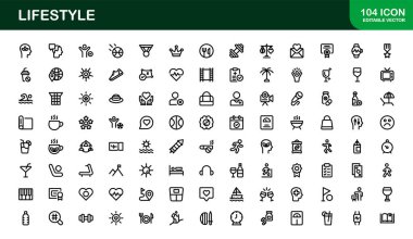 Yaşam Tarzı Simgesi Koleksiyonu. Sağlık, Zindelik, Seyahat ve Kişisel Gelişim Temaları İçin Temiz Satır Sanatı