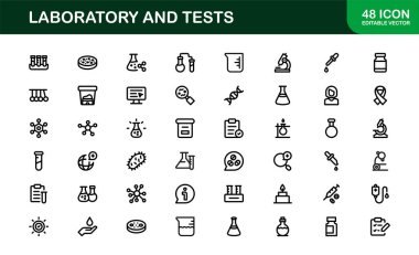 Laboratuvar ve Test Simgesi Sunumu Vektör Tıbbi Ekipmanı, Test Tüpleri, Mikroskop ve Bilim Sembolleri