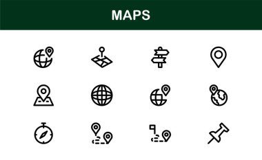Modern Harita Simgesi Koleksiyonu. Navigasyon ve Konum Hizmetleri için Minimum Vektör Tasarımı