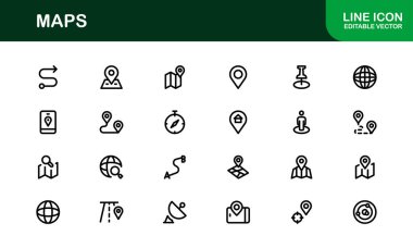 Modern Harita Simgesi Koleksiyonu. Navigasyon ve Konum Hizmetleri için Minimum Vektör Tasarımı