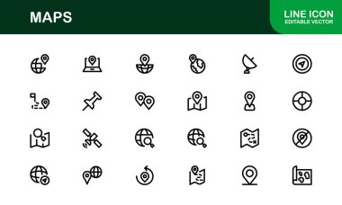 Modern Harita Simgesi Koleksiyonu. Navigasyon ve Konum Hizmetleri için Minimum Vektör Tasarımı