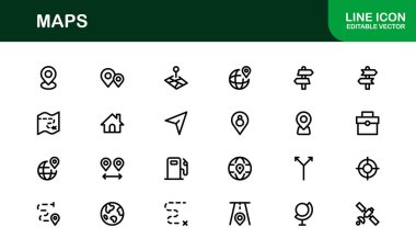 Modern Harita Simgesi Koleksiyonu. Navigasyon ve Konum Hizmetleri için Minimum Vektör Tasarımı