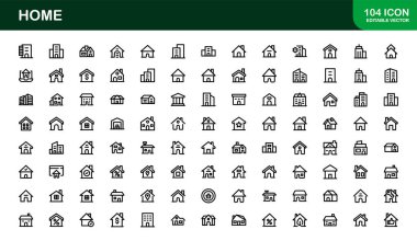 Modern Ev Teması Simgesi Ayarları. Ev ve Özellik Arayüzleri için Temiz Satır Sanatı