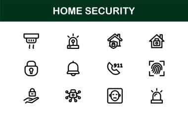 Ev Güvenlik Simgesi Seti Gözetleme, Alarm, Kilit, Kamera ve Temiz, Profesyonel, SEO İyimser Vektör Biçiminde İzleme Konseptleri