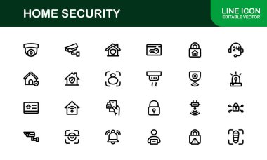 Ev Güvenlik Simgesi Seti Gözetleme, Alarm, Kilit, Kamera ve Temiz, Profesyonel, SEO İyimser Vektör Biçiminde İzleme Konseptleri