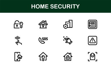 Ev Güvenlik Simgesi Seti Gözetleme, Alarm, Kilit, Kamera ve Temiz, Profesyonel, SEO İyimser Vektör Biçiminde İzleme Konseptleri