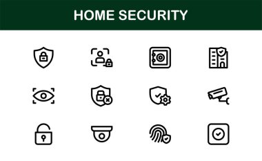 Ev Güvenlik Simgesi Seti Gözetleme, Alarm, Kilit, Kamera ve Temiz, Profesyonel, SEO İyimser Vektör Biçiminde İzleme Konseptleri
