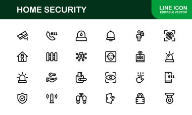 Ev Güvenlik Simgesi Seti Gözetleme, Alarm, Kilit, Kamera ve Temiz, Profesyonel, SEO İyimser Vektör Biçiminde İzleme Konseptleri