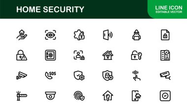 Ev Güvenlik Simgesi Seti Gözetleme, Alarm, Kilit, Kamera ve Temiz, Profesyonel, SEO İyimser Vektör Biçiminde İzleme Konseptleri