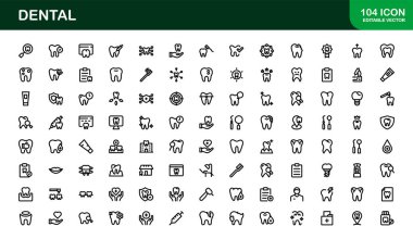 Diş Sağlığı Sembolleri: Diş, diş fırçası, diş fırçası, diş hekimi aletleri ve sağlık projeleri için ağız sağlığı sembolleri.