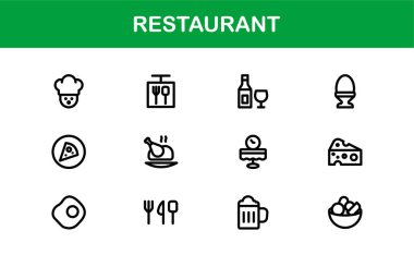 Gıda, Yemek, Mutfak Aletleri ve Menü Sembolleri içeren Asgari Satır Sanatına sahip Profesyonel Restoran Simgeleri