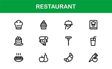 Gıda, Yemek, Mutfak Aletleri ve Menü Sembolleri içeren Asgari Satır Sanatına sahip Profesyonel Restoran Simgeleri