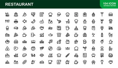 Gıda, Yemek, Mutfak Aletleri ve Menü Sembolleri içeren Asgari Satır Sanatına sahip Profesyonel Restoran Simgeleri