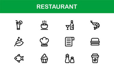 Gıda, Yemek, Mutfak Aletleri ve Menü Sembolleri içeren Asgari Satır Sanatına sahip Profesyonel Restoran Simgeleri