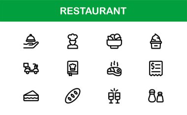 Gıda, Yemek, Mutfak Aletleri ve Menü Sembolleri içeren Asgari Satır Sanatına sahip Profesyonel Restoran Simgeleri