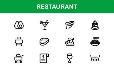 Gıda, Yemek, Mutfak Aletleri ve Menü Sembolleri içeren Asgari Satır Sanatına sahip Profesyonel Restoran Simgeleri