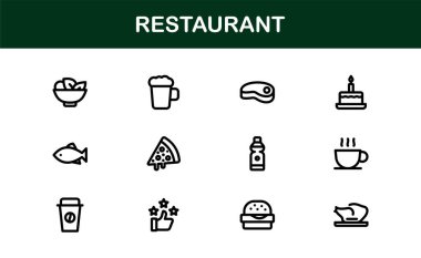 Gıda, Yemek, Mutfak Aletleri ve Menü Sembolleri içeren Asgari Satır Sanatına sahip Profesyonel Restoran Simgeleri