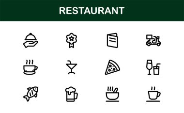 Gıda, Yemek, Mutfak Aletleri ve Menü Sembolleri içeren Asgari Satır Sanatına sahip Profesyonel Restoran Simgeleri