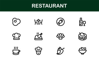 Gıda, Yemek, Mutfak Aletleri ve Menü Sembolleri içeren Asgari Satır Sanatına sahip Profesyonel Restoran Simgeleri