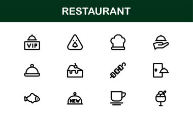 Gıda, Yemek, Mutfak Aletleri ve Menü Sembolleri içeren Asgari Satır Sanatına sahip Profesyonel Restoran Simgeleri