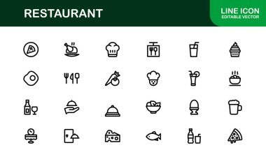 Gıda, Yemek, Mutfak Aletleri ve Menü Sembolleri içeren Asgari Satır Sanatına sahip Profesyonel Restoran Simgeleri