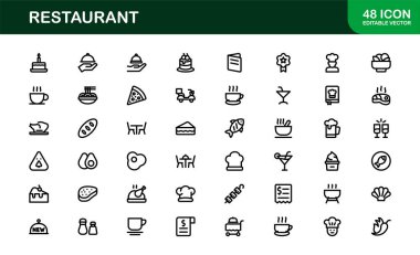 Gıda, Yemek, Mutfak Aletleri ve Menü Sembolleri içeren Asgari Satır Sanatına sahip Profesyonel Restoran Simgeleri