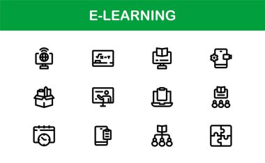 Çevrimiçi eğitim arayüzlerini, ders hazırlayıcılarını ve temiz, modern görsellere sahip sanal sınıfları yükseltmek için hazırlanmış profesyonel E-öğrenme simgesi koleksiyonu.