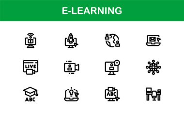 Çevrimiçi eğitim arayüzlerini, ders hazırlayıcılarını ve temiz, modern görsellere sahip sanal sınıfları yükseltmek için hazırlanmış profesyonel E-öğrenme simgesi koleksiyonu.