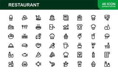 Gıda, Yemek, Mutfak Aletleri ve Menü Sembolleri içeren Asgari Satır Sanatına sahip Profesyonel Restoran Simgeleri