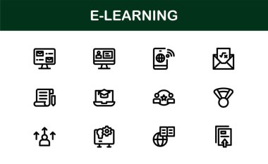 Çevrimiçi eğitim arayüzlerini, ders hazırlayıcılarını ve temiz, modern görsellere sahip sanal sınıfları yükseltmek için hazırlanmış profesyonel E-öğrenme simgesi koleksiyonu.
