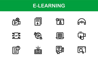 Çevrimiçi eğitim arayüzlerini, ders hazırlayıcılarını ve temiz, modern görsellere sahip sanal sınıfları yükseltmek için hazırlanmış profesyonel E-öğrenme simgesi koleksiyonu.